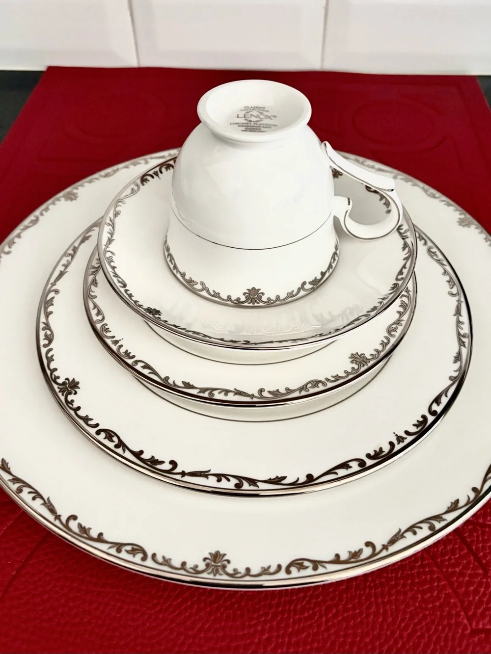 Lenox Coronet Platinum 5 piece Place Setting with Silver Scroll Trim NEW !